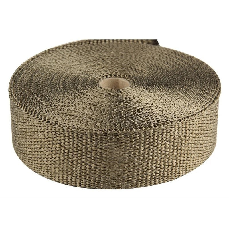 A roll of textured bronze-colored volcanic rock basalt exhaust wrap, 2 inches wide by 50 feet long.