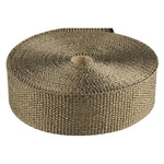 A roll of textured bronze-colored volcanic rock basalt exhaust wrap, 2 inches wide by 50 feet long.