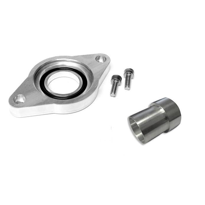 Torque Solution billet aluminum HKS blow off valve and recirculation adapter for Subaru intercooler mounting.