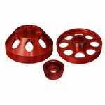 Three-piece red anodized lightweight water pump, crankshaft, and alternator pulley kit for Hyundai Genesis Coupe 3.8.