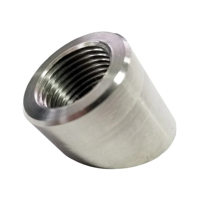 Torque Solution 60-degree angled stainless steel O2 sensor bung showing the threaded sensor port and weldable base.