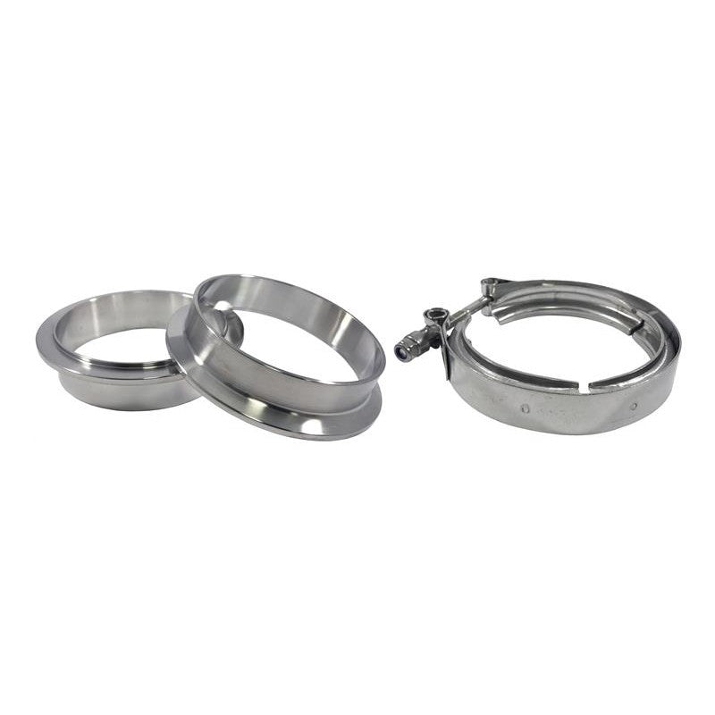 Stainless steel V-band clamp and interlocking flange set for 3-inch (76mm) exhaust plumbing.