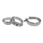 Stainless steel V-band clamp and interlocking flange set for 3-inch (76mm) exhaust plumbing.