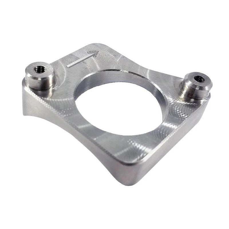 CNC machined stainless steel Denso MAF sensor flange for 3-inch diameter intake piping with pre-drilled mounting holes.