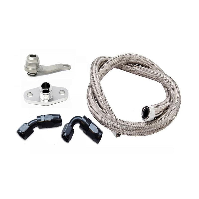 Torque Solution -10AN braided turbo oil return line and fittings for Subaru EJ with Garrett GT or GTX turbocharger.