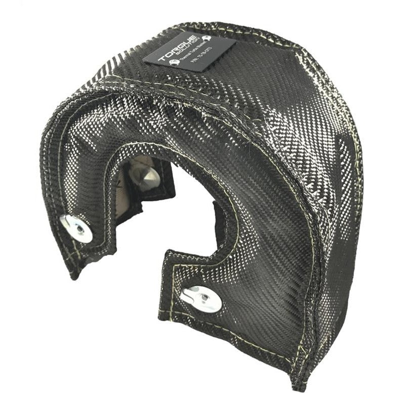 Carbon fiber weave turbocharger thermal blanket with stainless steel securing springs for GT25 through GT37 housings.
