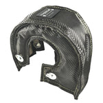 Carbon fiber weave turbocharger thermal blanket with stainless steel securing springs for GT25 through GT37 housings.