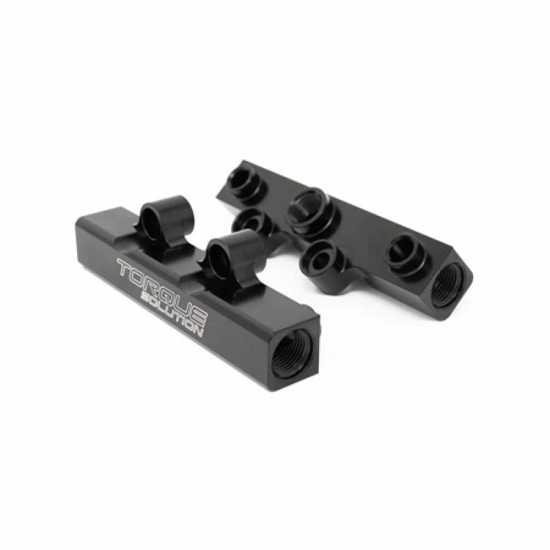 Pair of black anodized billet aluminum top feed fuel rails for 2002-2018 Subaru WRX and STI.