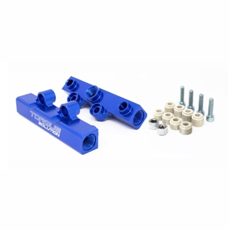 Pair of blue anodized billet aluminum top feed fuel rails for 2002-2018 Subaru WRX and STI engines.