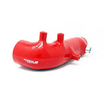 Red silicone multi-layer turbo inlet hose for Subaru EJ engines with vacuum line ports and Torque Solution logo.