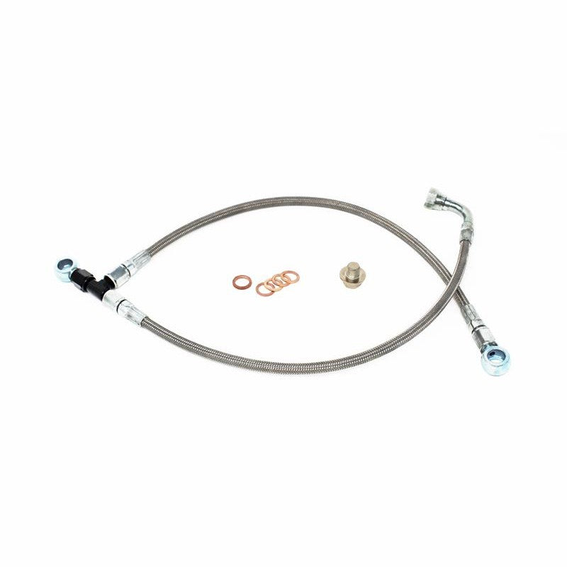 Torque Solution braided stainless steel turbo oil feed line kit with adapter fittings for Subaru EJ engines
