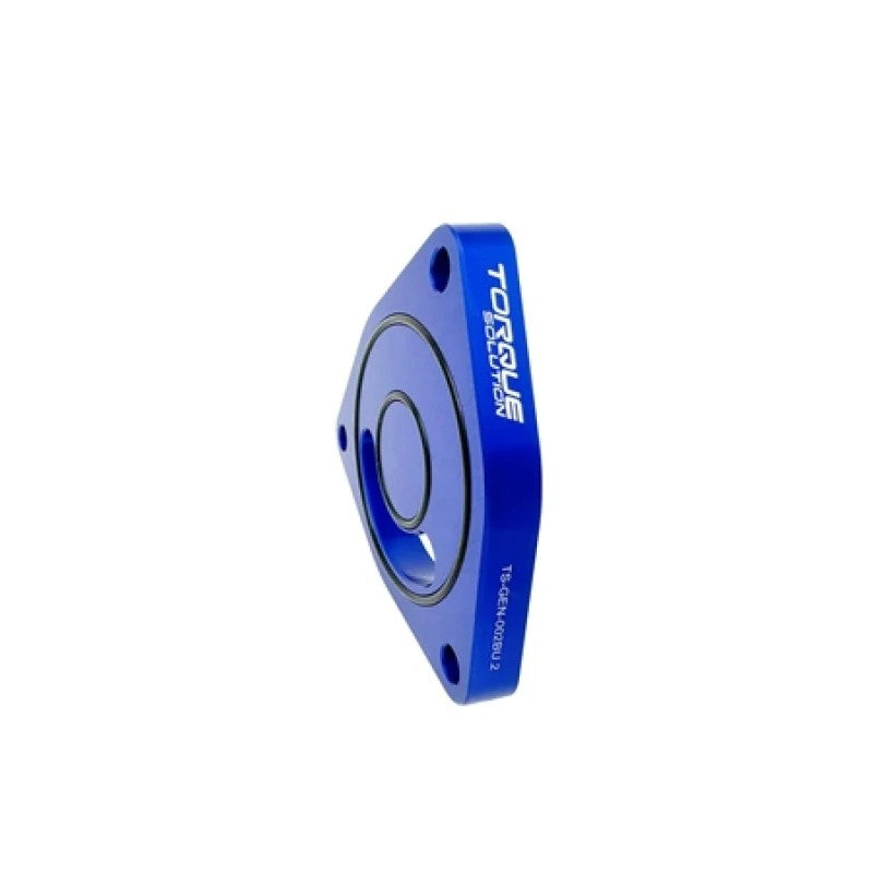 Blue anodized Torque Solution V2 blow off valve sound plate with three mounting bolts