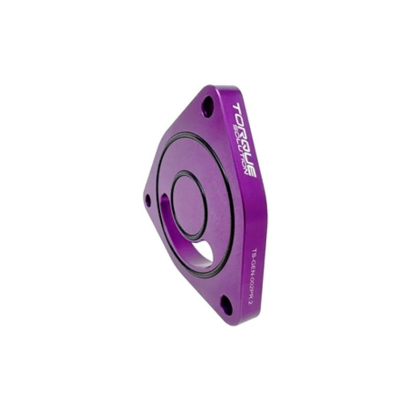 Purple anodized Torque Solution V2 blow off valve sound plate with included mounting bolts.