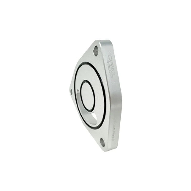 Silver CNC machined Torque Solution V2 blow off valve sound plate with triangular bolt pattern and central bore.