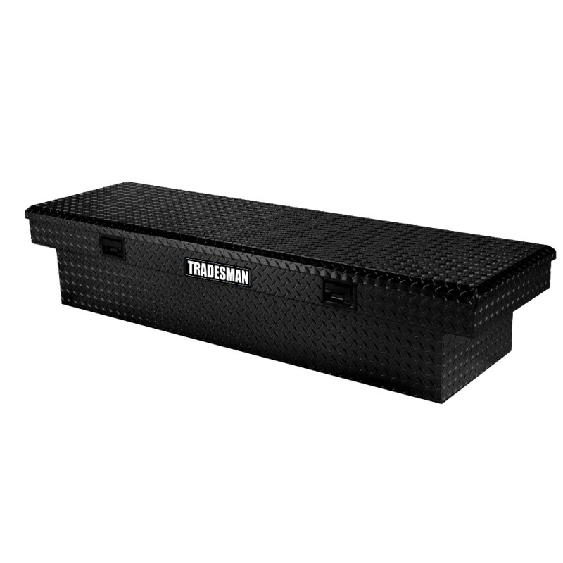72-inch Tradesman black aluminum cross bed truck tool box with diamond plate texture and locking lid.