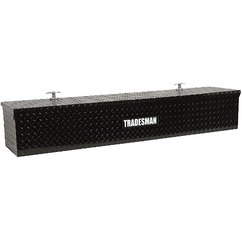 Black aluminum diamond plate flush mount truck tool box with a 60 inch width.