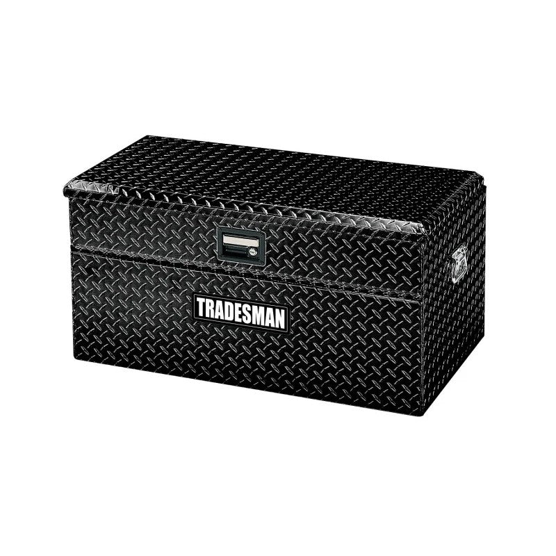 60-inch Tradesman black aluminum slim line truck tool box with a flush mount design and locking lid.
