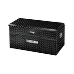 60-inch Tradesman black aluminum slim line truck tool box with a flush mount design and locking lid.