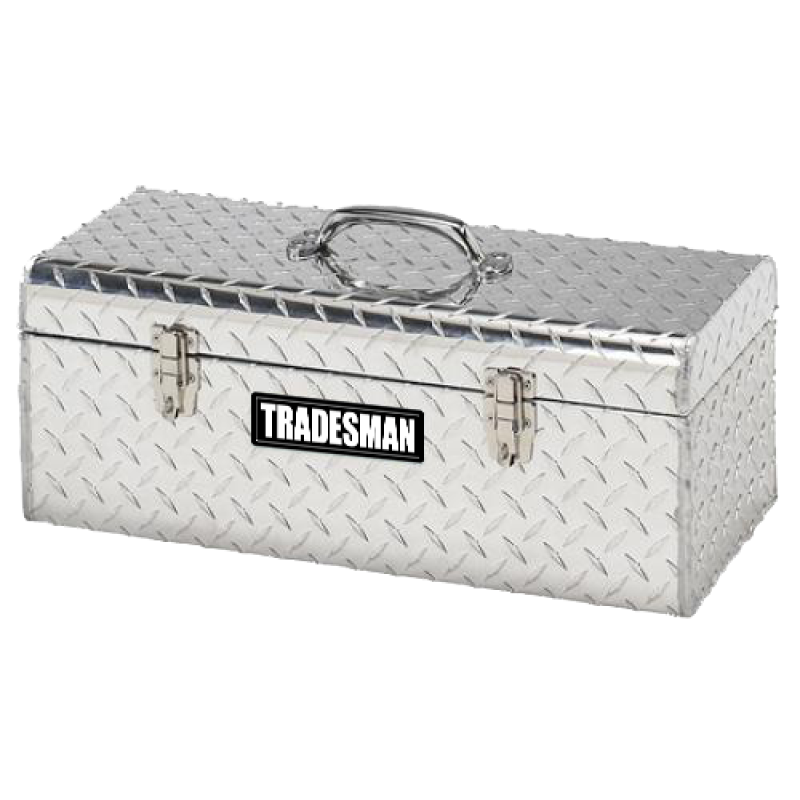 Brite finish aluminum 24-inch handheld tool box with a heavy-duty handle and locking latch.