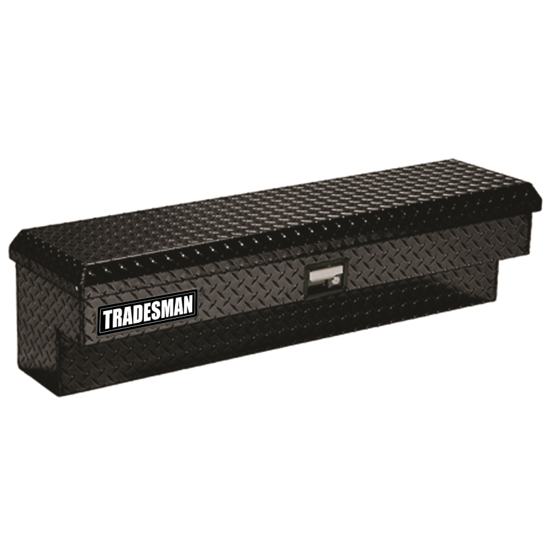 Tradesman 48-inch side bin truck tool box in black aluminum with a locking lid for pickup bed rail mounting.