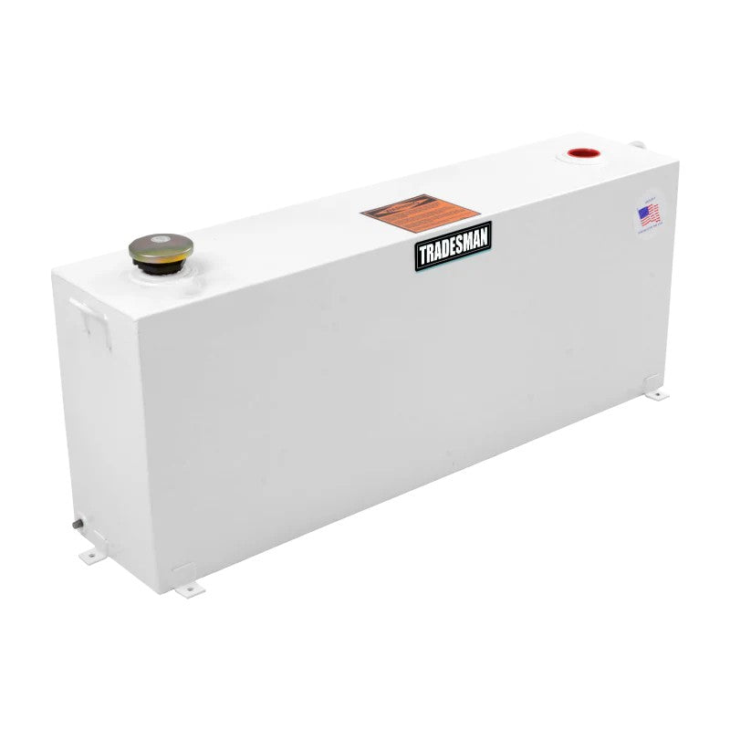 Tradesman white powder-coated steel rectangular full-size liquid storage tank for pickup truck beds.