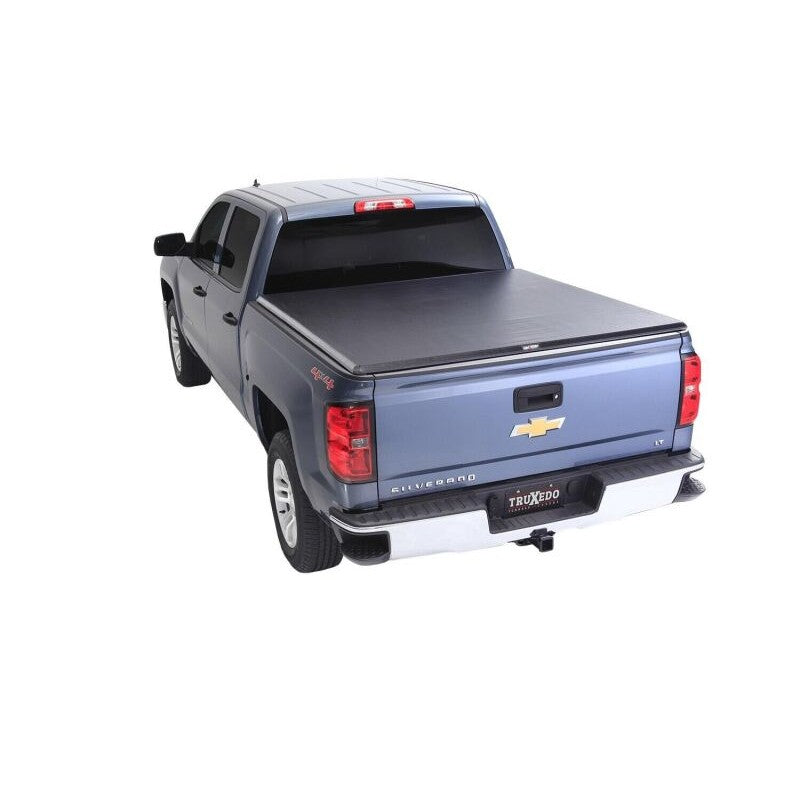 TruXedo TruXport soft roll-up tonneau cover in black leather-grain vinyl on a 2014-2018 Chevrolet Silverado 1500.