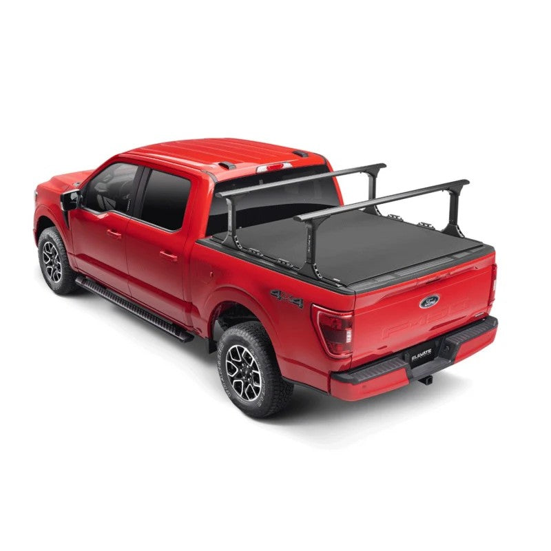 Black textured powder-coated TruXedo Elevate CS adjustable truck bed rack with 18 to 28 inch height range