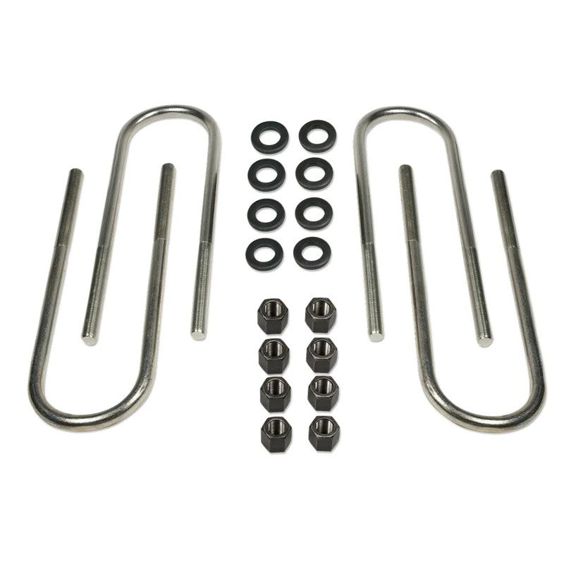 Zinc plated rear axle U-bolt kit with nuts and washers for 1980-2016 Ford F-250 and F-350 trucks with 3-4 inch lift blocks.