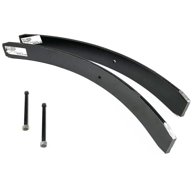 Pair of Tuff Country black steel rear add-a-leaf springs with center pins for Ford F-250 and F-350 Super Duty trucks.