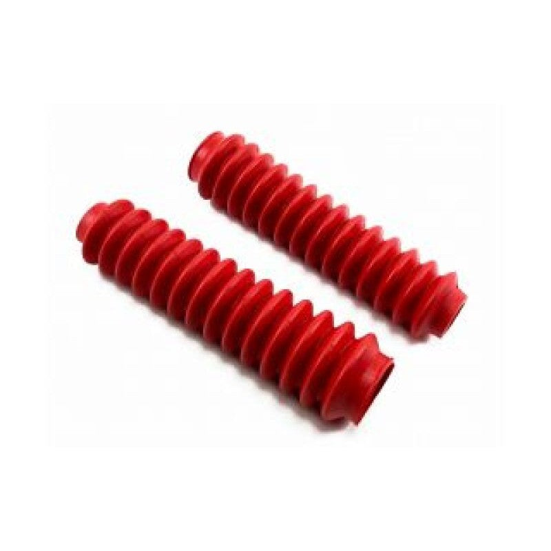 A pair of red Tuff Country universal shock boots with included black installation zip ties.