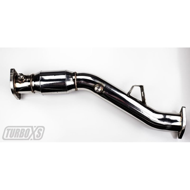 Turbo XS stainless steel high flow catalytic converter pipe with welded flanges for Subaru EJ engines.