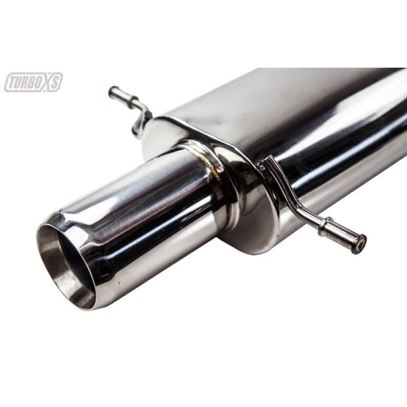 Turbo XS stainless steel rear muffler assembly with 4-inch polished tip and mounting flanges for 2002-2007 WRX