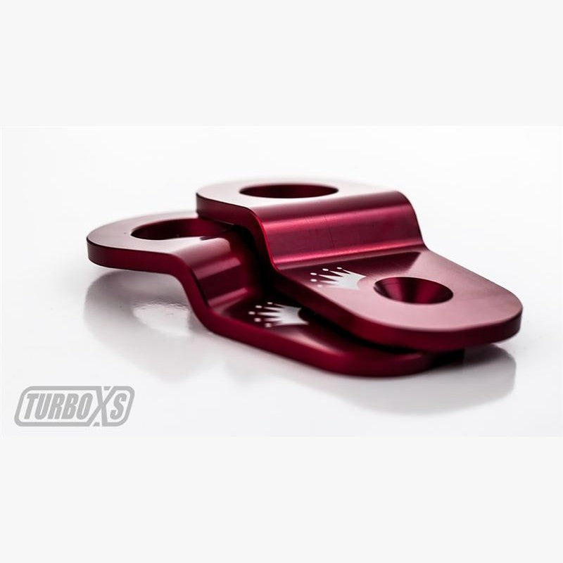 Red anodized CNC-machined billet aluminum radiator stay bracket for 2015-2016 Subaru WRX and STI.