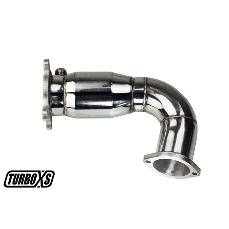 Turbo XS front exhaust pipe featuring an integrated catalytic converter and heavy-duty flanges for 2015 Subaru WRX and STI.