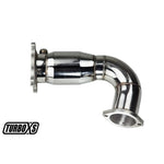 Turbo XS front exhaust pipe featuring an integrated catalytic converter and heavy-duty flanges for 2015 Subaru WRX and STI.