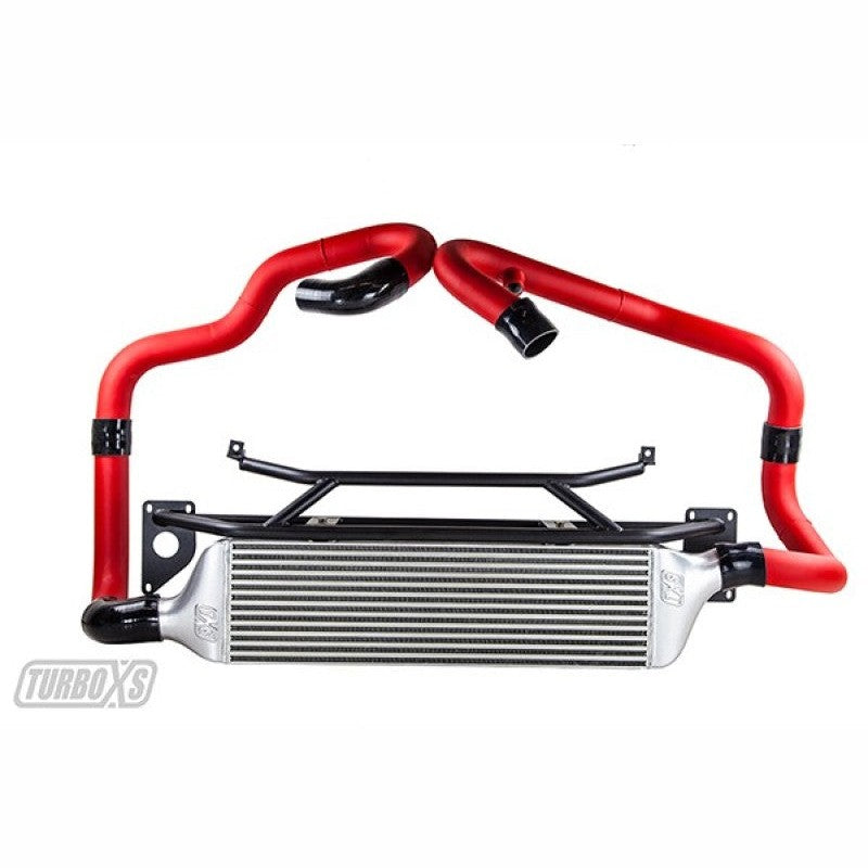 Turbo XS front mount intercooler kit featuring wrinkle red aluminum piping and intercooler core for 2015-2021 Subaru WRX STI