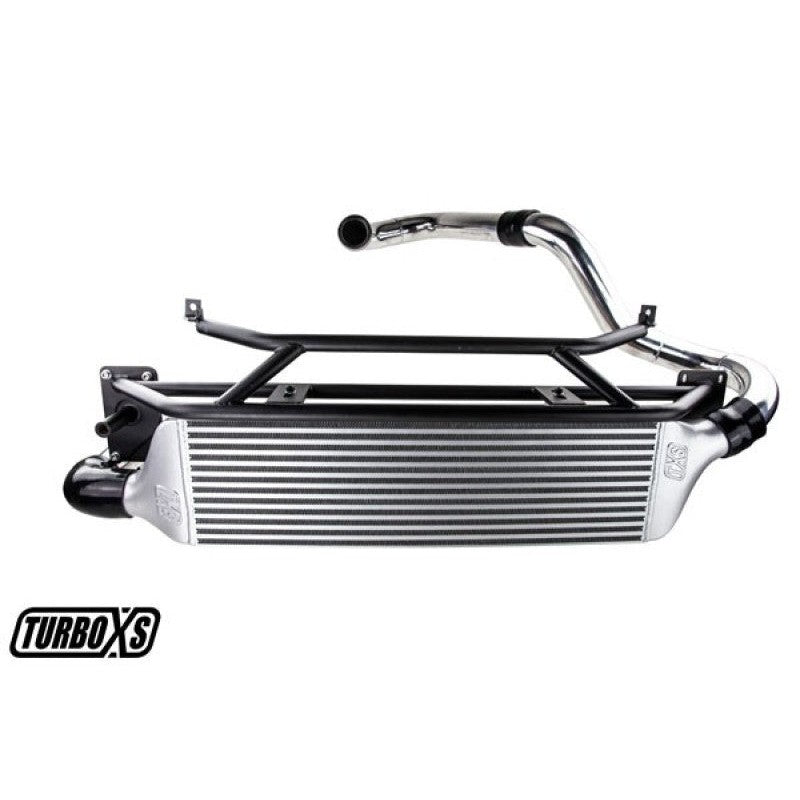 Turbo XS front mount intercooler kit with polished aluminum charge pipes for 2015-2021 Subaru WRX.