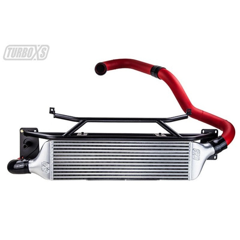 Turbo XS front mount intercooler core and wrinkle red mandrel-bent aluminum piping for 2015-2021 Subaru WRX