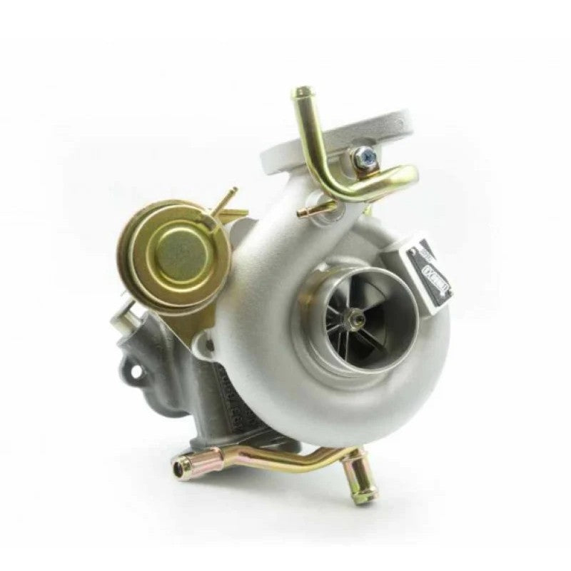 Turbo XS 20G turbocharger for Subaru EJ engines with cast compressor housing and internal wastegate actuator.