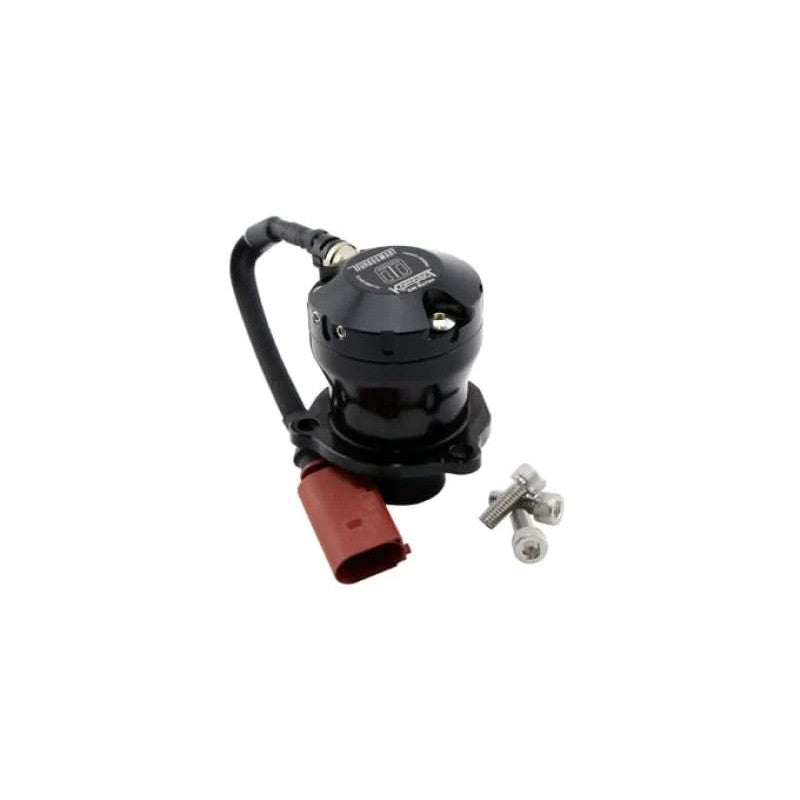 Turbosmart Kompact EM Plumb Back VR1 billet aluminum diverter valve with black finish and integrated electronic connector