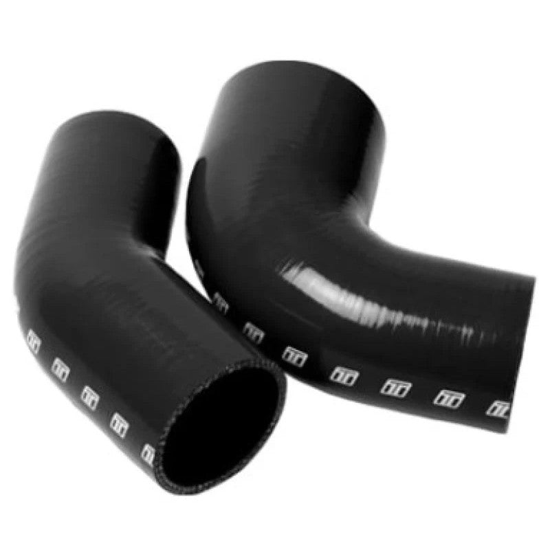 Black multi-layered silicone 90-degree reducer elbow transitioning from 2.0 to 2.5 inches