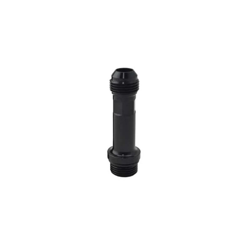 Black anodized billet aluminum 70mm turbo drain extension with -10AN male and -10AN port fittings