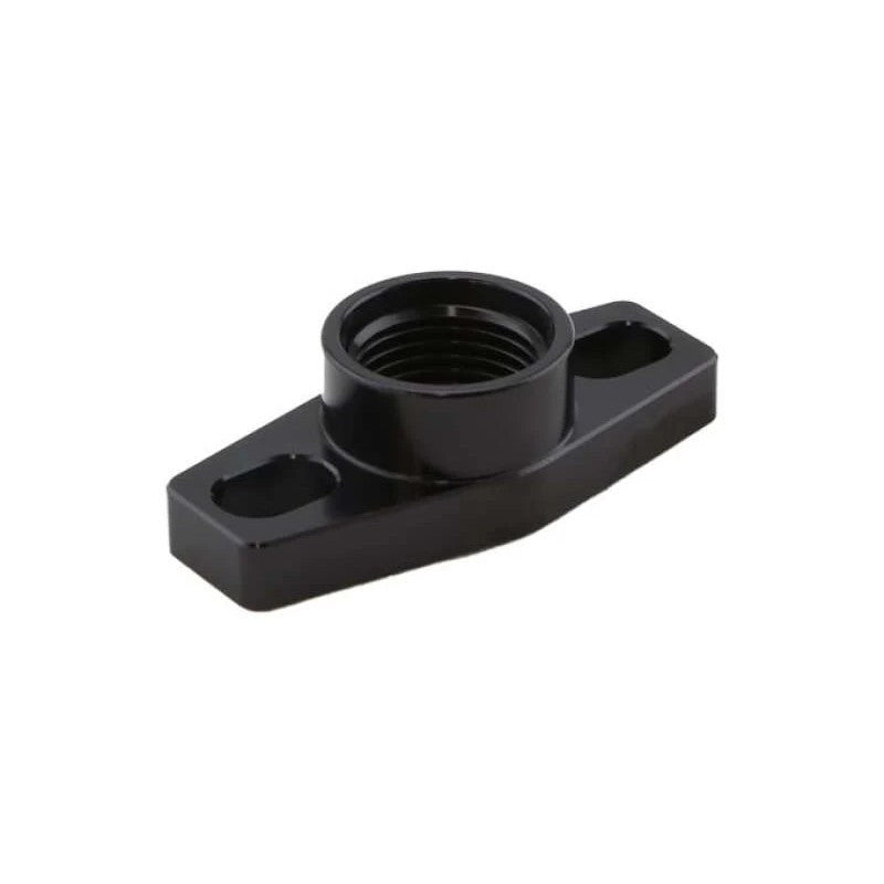 Hard-anodized billet aluminum turbo oil drain adapter with 38-44mm slotted mounting holes and silicone O-ring seal