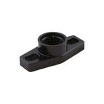 Hard-anodized billet aluminum turbo oil drain adapter with 38-44mm slotted mounting holes and silicone O-ring seal