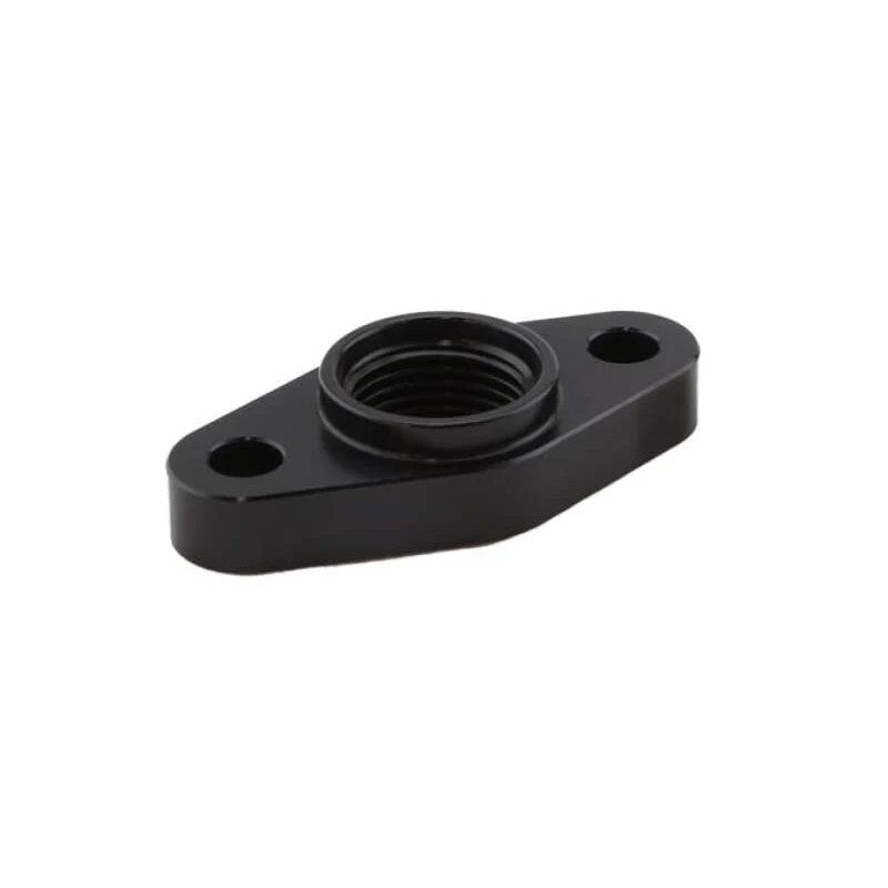 Hard-anodized black billet aluminum Turbosmart turbo drain adapter with orange silicone O-ring and 52mm mounting holes.