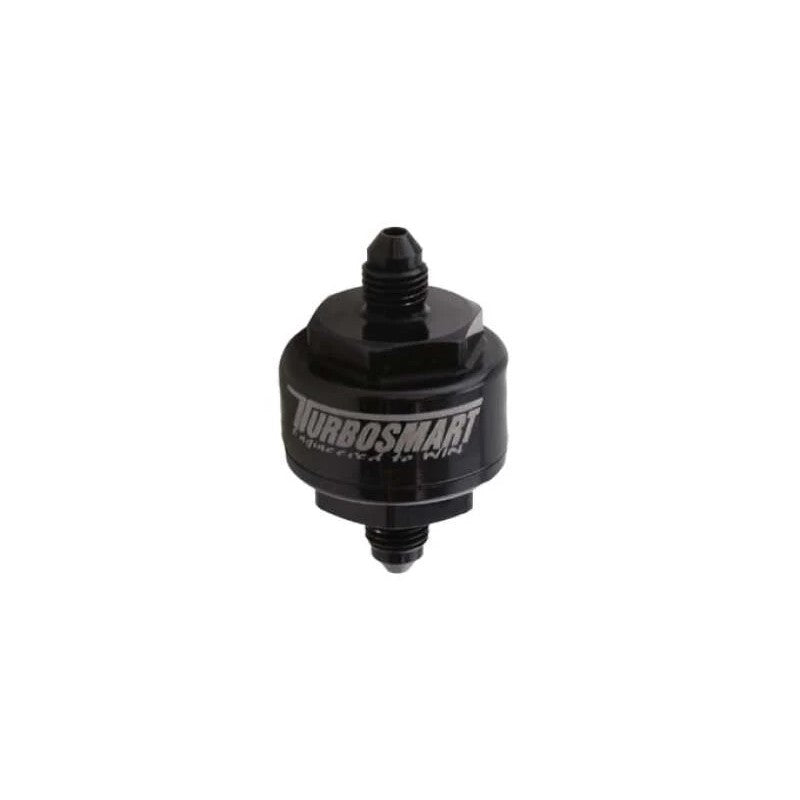 Turbosmart black hard-anodized billet aluminum turbo oil feed filter with -4AN male fittings and 44 micron element.