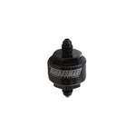 Turbosmart black hard-anodized billet aluminum turbo oil feed filter with -4AN male fittings and 44 micron element.