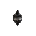 Black hard-anodized Turbosmart billet aluminum turbo oil feed filter with AN-3 male inlet and 44-micron stainless disc.