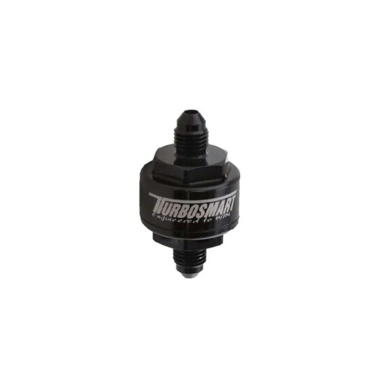 Black hard-anodized Turbosmart billet aluminum turbo oil feed filter with AN-3 male inlet and 44-micron stainless disc.