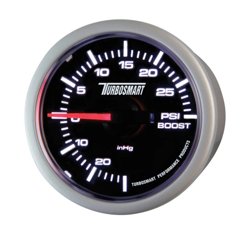 Turbosmart 52mm mechanical boost gauge with 0-30psi scale, black face, and silver bezel.